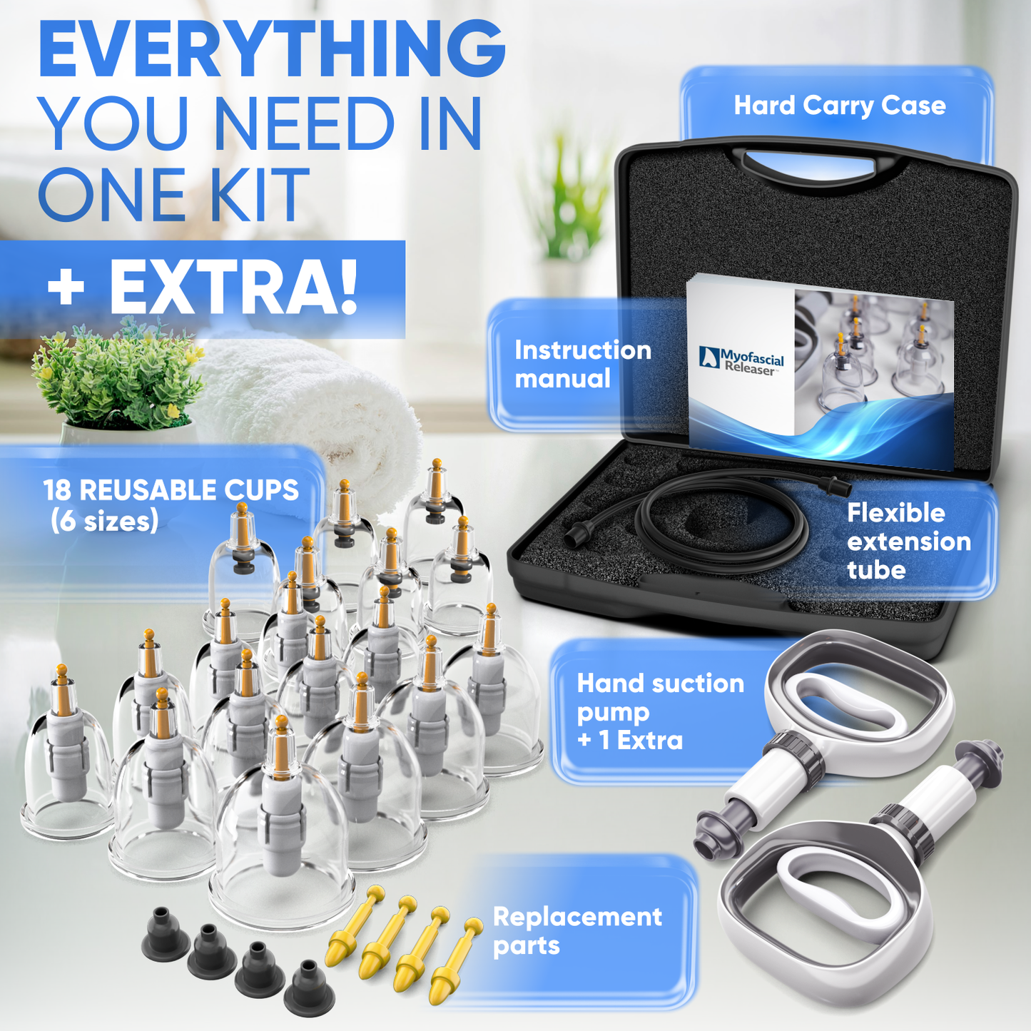 Myofascial Releaser Professional Cupping Therapy Set - 18 Multi-Sized Vacuum Cups with Two Hand Pumps and Detailed Cupping Book - Massage Cupping Set for Massage Therapists