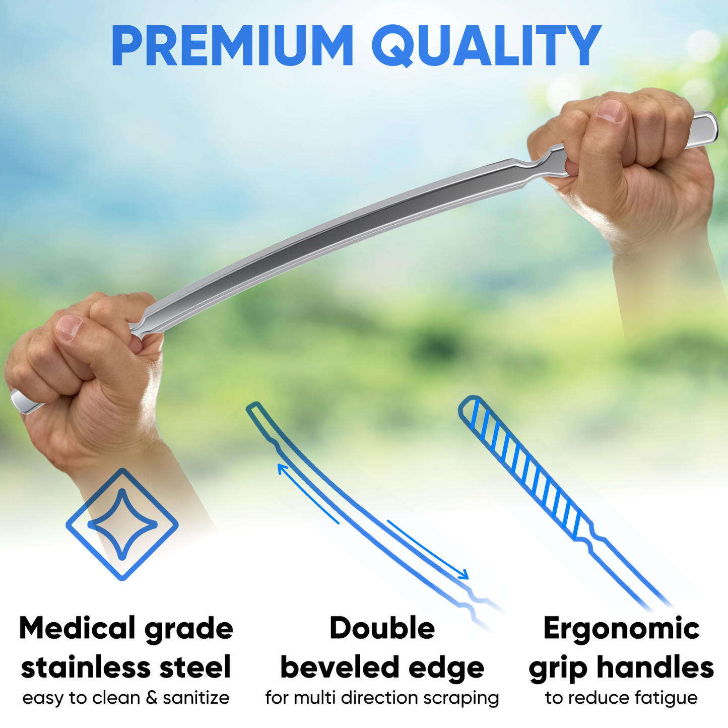 (Cresecnt Handlebar) Professional Muscle Scraper - Patented IASTM Massage Tool for Physical Therapy, GuaSha Tool for Body Myofascial Release - Medical Grade 304 Stainless Steel